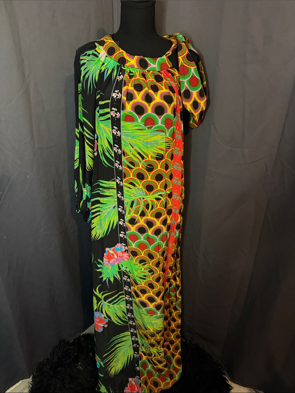 Cynthia Rowley Black Maxi Dress with Neon Green and Multicolor Print